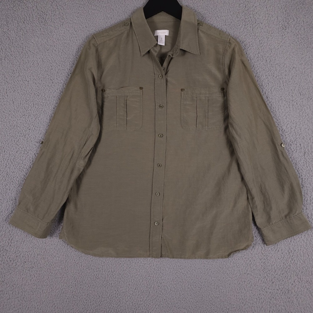Chicos Shirt Womens 1 US 8 Medium Green Silk Blend Button‎ Up Roll Tab Sleeve